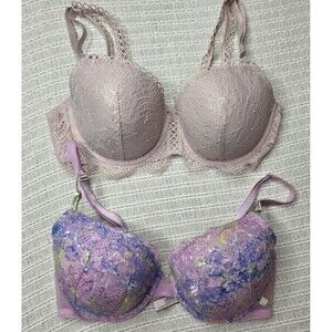 Victoria’s Secret Bras 34DD Lot Of 2 Pink Purple Lace Lined Demi Dream Angels